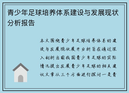 青少年足球培养体系建设与发展现状分析报告