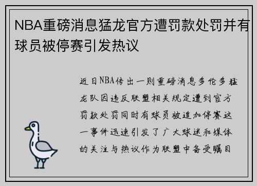 NBA重磅消息猛龙官方遭罚款处罚并有球员被停赛引发热议